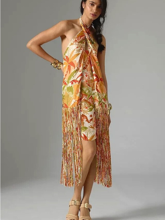 FARM Rio Dresses & Skirts - NWT Farm Rio Orange & Green Tropical Fringe Halter Dress Sz S